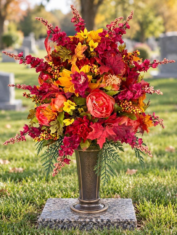 Fall Cemetery Flowers, Artificial Autumn Grave Bouquet, Vase Insert