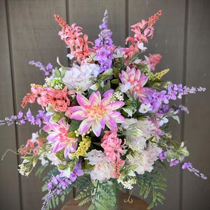 Grave Flower Arrangement, Artificial Silk Flowers. Cemetery Flowers, Grave Vase Insert.