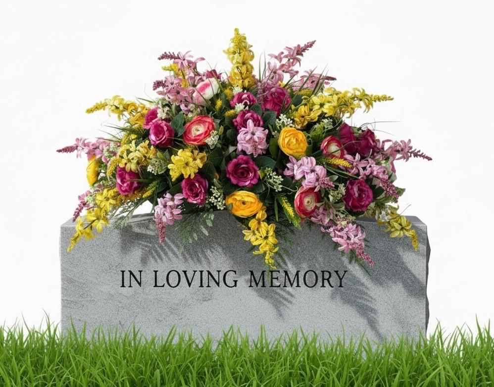 Pink and Yellow. Ranunculus, and Roses Grave Flower Arrangement ...