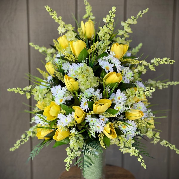 Spring,Yellow, White, Green, Cemetery Flowers, Grave Flower Arrangement, Vase Insert Grave Insert. Artificial-Silk Arrangement.