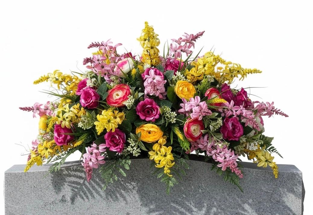 Pink and Yellow. Ranunculus, and Roses Grave Flower Arrangement ...