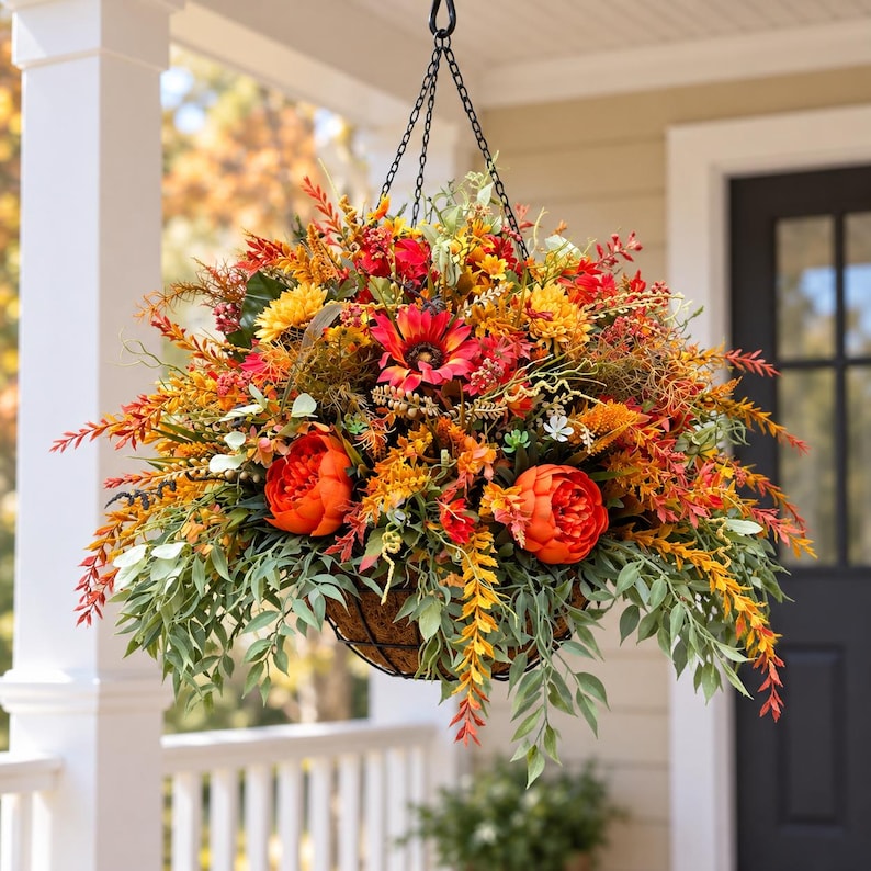 K&ouml;nnte beinhalten: Ein H&auml;ngekorb gef&uuml;llt mit k&uuml;nstlichem Herbstlaub, darunter leuchtend orangefarbene Pfingstrosen, gelbe Sonnenblumen, rote G&auml;nsebl&uuml;mchen und verschiedene gr&uuml;ne Zweige. Das Arrangement befindet sich in einem dunklen Drahtkorb an einer schwarzen Kette.