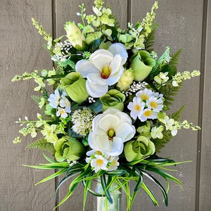 Mausoleum Flower Arrangement  Insert. Monument, Memorial, Mausoleum, Cemetery, Grave. This is a 1 sided arrangement.