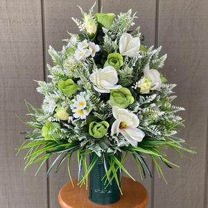 Green and White, Cemetery Flowers, Grave Flower Arrangement, Vase Insert Grave Insert. Artificial-Silk Arrangement.