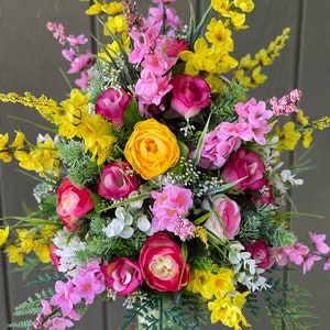 Pink and Yellow. Ranunculus, and Roses Grave Flower Arrangement, Artificial Silk Flowers. Cemetery Flowers, Grave Vase Insert.