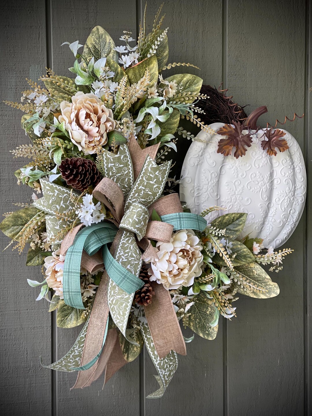 FLOROAD 24 Inch Fall Wreath - Pumpkin Sunflower Pinecone Farmhouse Decor With Bow
