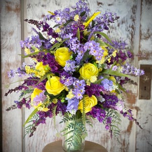 Purple and Yellow Mix, 360 degree design Grave Flower Arrangement, Cemetery Flowers, Grave Vase Insert. X-Large & Full  Artificial Flwrs