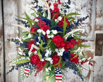 Patriotic Red,White, and Blue ,Artificial Cemetery Flowers, Grave Flower Arrangement, Vase Insert Grave Insert