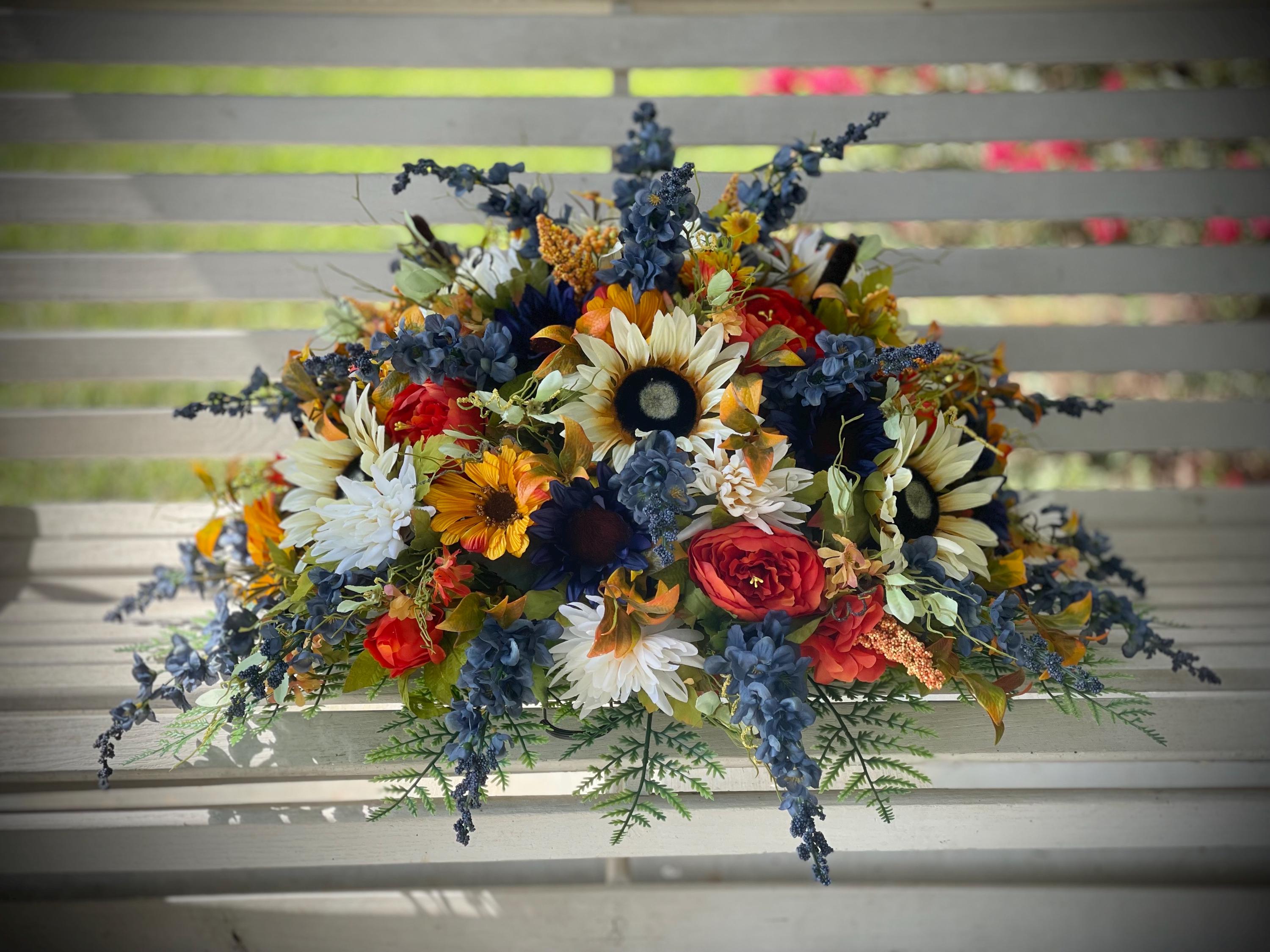 Fall Grave Flowers, Artificial Arrangement for Cemetery. Styrofoam