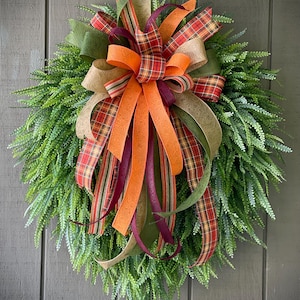 Greenery Wreath with Bead Grass button fern. With a Beautiful  Fall  Bow. X-Large. Farm House Wreath. Fall Wreath. All Year Wreath.
