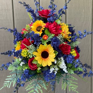 Red, Yellow, and Blue.  Summer , Fall, Anytime Artificial Grave Flower Arrangement, Artificial Cemetery Flowers, Grave Vase Insert.