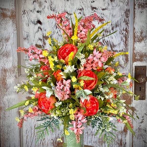 Spring  Summer Grave Flower Arrangement, Artificial Silk Flowers. Cemetery Flowers, Grave Vase Insert.
