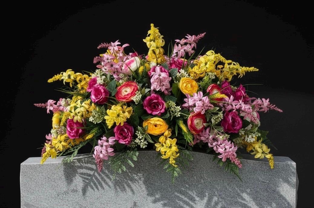 Pink and Yellow. Ranunculus, and Roses Grave Flower Arrangement ...
