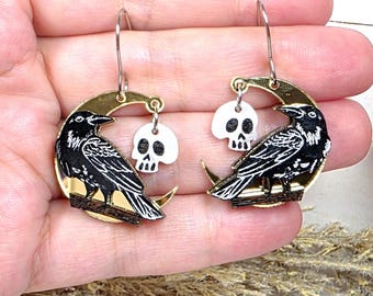 Spooky Raven Earrings - Goth Moon Celestial Bird Jewelry, Dark Academia Halloween Gift, Bookish Edgar Allen Poe Earrings