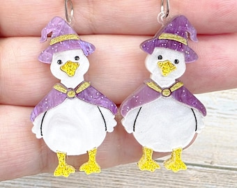 Silly Goose Witch Earrings: Halloween Acrylic Jewelry, Funny Whimsical Spooky Novelty Gift