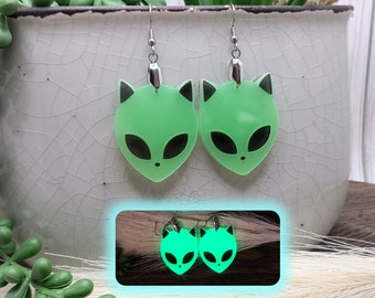GLOW IN THE Dark Alien Cat Earrings | Weird Acrylic Laser Cut Earrings | Funky Ufo Space Earrings | Quirky Halloween Earrings | Cat Jewelry