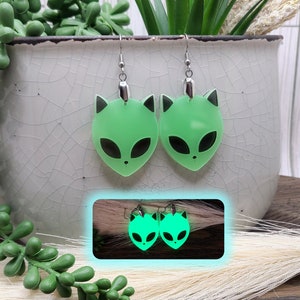 GLOW IN THE Dark Alien Cat Earrings Weird Acrylic Laser Cut Earrings Funky Ufo Space Earrings Quirky Halloween Earrings Cat Jewelry image 1