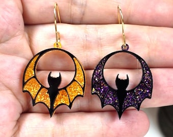 Glitter Bat Halloween Earrings: Goth Vampire Bat Earrings, Funky Cool Halloween Jewelry Gift for Her