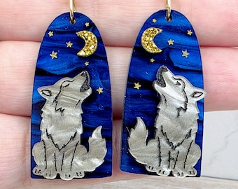 Howling Wolf Moon Earrings: Celestial Night Sky Statement Earrings, Whimsical Lunar Dangle Earrings, Wolf Gifts