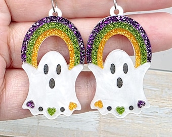 Rainbow Ghost Earrings: Halloween Glitter Acrylic Spooky Cute Jewelry, Rainbow Ghost Dangle Earrings