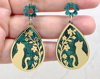 Cat Teardrop Earrings: Gold Acrylic Floral Statement Earrings, Teal Whimsical Dangles, Cat Lover Gifts for Her