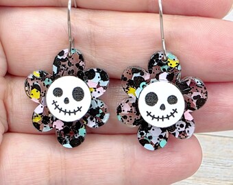 Halloween Skull Flower Earrings: Confetti Acrylic Dangles, Spooky Cute Goth Jewelry, Halloween Gifts