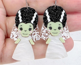 Cute Bride of Frankenstein Earrings: Glitter Hair Monster Bride Acrylic Dangle Halloween Jewelry, Spooky Horror Gifts For Her