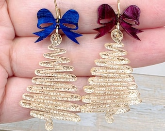 Champagne Glitter Christmas Tree Earrings: Acrylic Holiday Bow Dangles, Mismatched Statement Earrings, Festive Stocking Stuffers