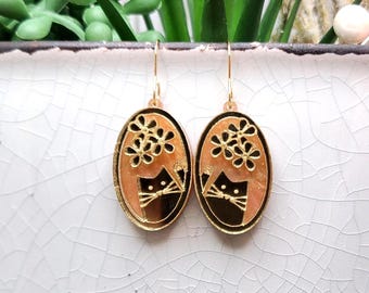 Orange Cat Daisy Earrings: Gold Acrylic Floral Cat Jewelry, Mothers Day Gift For Mom