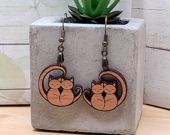 Laser Engraved Cat Earrings Cat Themed Gifts | Whimsical Wooden Laser Cut Earrings | Dainty Cat Mom Earrings | Gift For Mom or Daughter