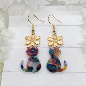 RAINBOW CAT ACRYLIC Earrings Gift For Mom Minimalist Cat Earrings Easter Gift Cute Spring Daisy Earrings Cat Mom Gift Cat Jewelry Gold Hook/Daisy