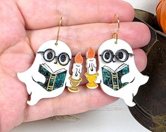 Cute Ghost Book Earrings: Halloween Acrylic Bookish Earrings, Quirky Funky Spooky Season Jewelry Gift