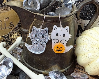 Mismatched Ghost Cat Earrings: Funky Halloween Jewelry Gift