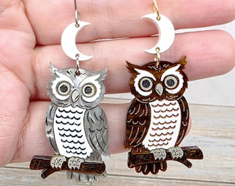 Moon Owl Earrings: Halloween Gothic Acrylic Jewelry, Spooky Witchy Whimsical Earrings, Woodland Animal Fall Earrings