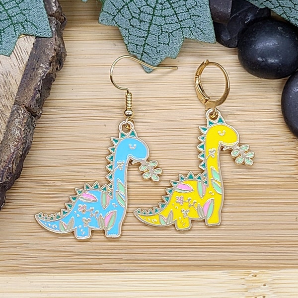 DINOSAUR EARRINGS Fun Yellow or Blue Dinosaur Earrings | Whimsical Teacher Earrings | Cute Mismatched Spring Earrings | Animal Earrings
