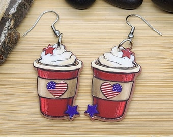 COFFEE CUP PATRIOTIC Earrings Fun Coffee Acrylic Earrings | Best Friend Coffee Lover Gift | Whimsical Teacher Earrings |4th Of July Earrings