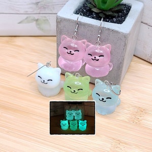 GLOW IN THE Dark Cat Earrings Cat Lover Gift Fat Cat Mismatched Earrings Funky Kawaii Resin Earrings Novelty Cute Cat Earrings image 1