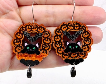 Halloween Cat Wreath Earrings: Black Cat & Bat Jack o Lantern, Spooky Cute Witchy Statement Earrings