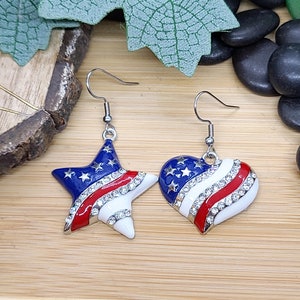 RED WHITE AND Blue Patriotic Earrings Heart or Star American Flag Earrings Colorful Memorial Day Earrings 4th Of July Fun Earrings image 1