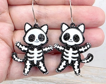 Cute Skeleton Cat Glitter Earrings: Spooky Cute Halloween Cat Gifts for Her, Acrylic Halloween Dangle Earrings
