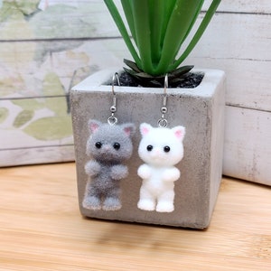 GREY CAT KAWAII Earrings Gifts Under 20 For Cat Lover Whimsical Flocked Mismatched Earrings Cat Mom Cat Jewelry Funky Cute Cat Earring image 1