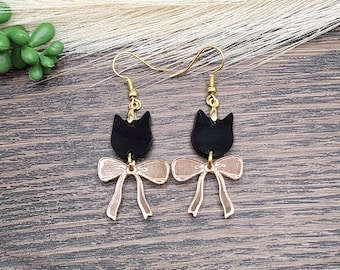 COQUETTE Boucles d'oreilles avec nœud CHAT NOIR Boucles d'oreilles fantaisie chat en acrylique | Boucles d'oreilles dormeuses découpées au laser | Cadeaux d'anniversaire pour amoureux des chats sur le thème des chats