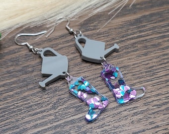 RIEGO PUEDE Pendientes WHIMSICAL Regalo de mamá / Regalos de jardinero del Día de las Madres / Pendientes coloridos de acrílico de primavera / Pendientes apilados funky