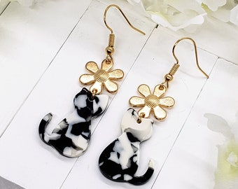 TUXEDO CAT ACRYLIQUE Boucles d’oreilles Cat Mom Daisy Boucles d’oreilles | Bijoux de chat | Cadeau esthétique de boucles d’oreilles de chat mignon pour maman | Cadeaux pour les amoureux des chats