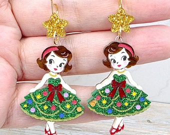 Retro Christmas Tree Girl Earrings: Glitter Acrylic Holiday Statement Earrings, Whimsical Vintage Dangles, Funky Festive Stocking Stuffers