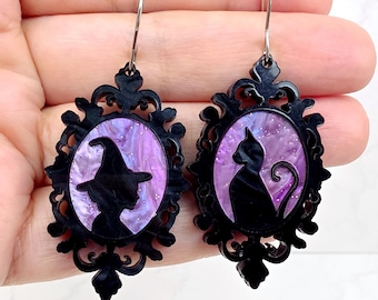 Mismatched Witch & Black Cat Cameo Earrings: Acrylic Halloween Dangle Earrings, Gothic Purple Witchy Jewelry