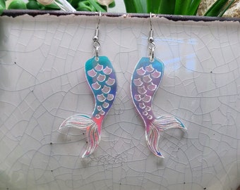 MERMAIDCORE IRIDESCENT EARRINGS Mermaid Tail Beachy Jewelry | Whimsical Acrylic Mermaid Earrings | Laser Cut Summer Earrings | Cool Earrings