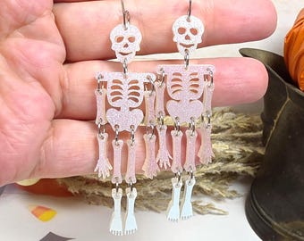 Pastel Goth Skeleton Earrings: Maximalist Skull Acrylic Halloween Jewelry, Spooky Season Goth Accessories
