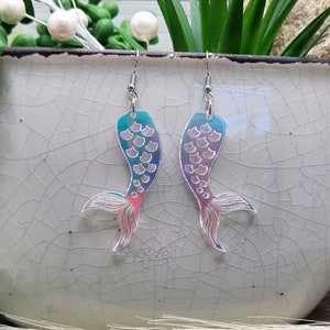 MERMAIDCORE IRIDESCENT EARRINGS Mermaid Tail Beachy Jewelry Whimsical Acrylic Mermaid Earrings Laser Cut Summer Earrings Cool Earrings image 1