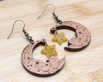 MOON AND STARS Cat Earrings Cat Lover Gift For Mom | Laser Cut Whimsical Earrings | Celestial Moon Earrings | Cat Jewelry Bestie Gift